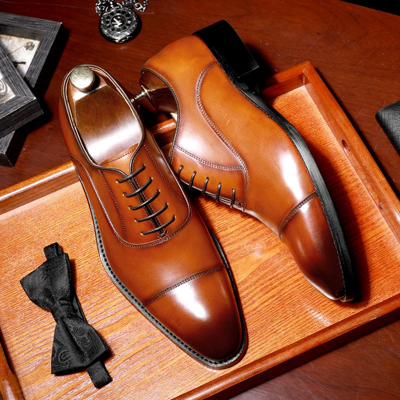 Men's Brown Genuine Leather Oxford Shoes, Height Increasing, Handmade
