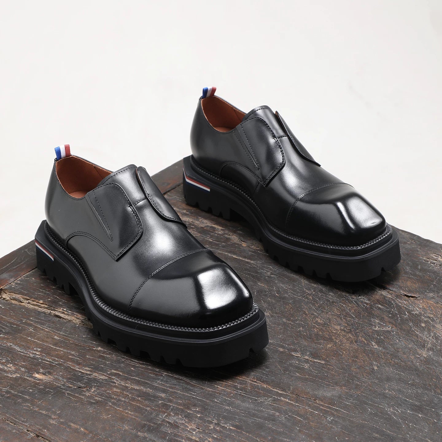 Men's Black Genuine Leather Derby Shoes, Height Increasing, Thick Sole