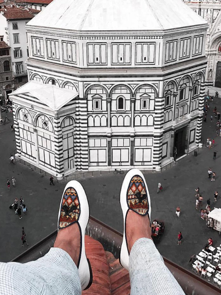 Italian design white canvas stitching ethnic knitted tassel loafers European and American style formal slip-on shoes