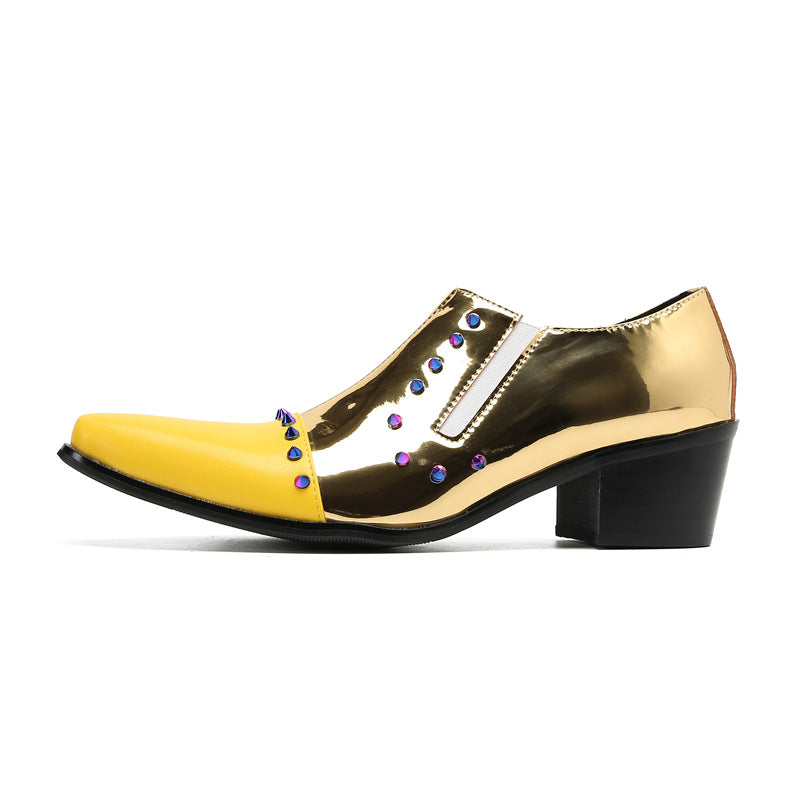 Glossy men's gold breathable casual leather shoes British patent leather trend performance pointed inner height wedding banquet shoes