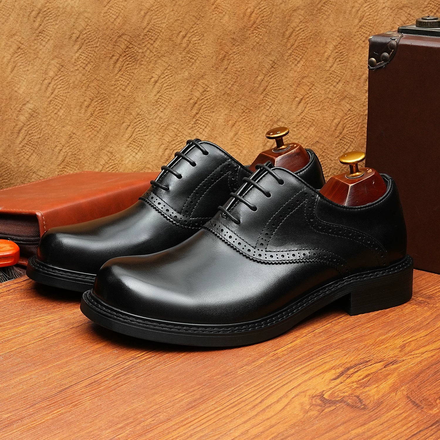 Men's Black Genuine Leather Oxford Shoes, Round Toe, Business