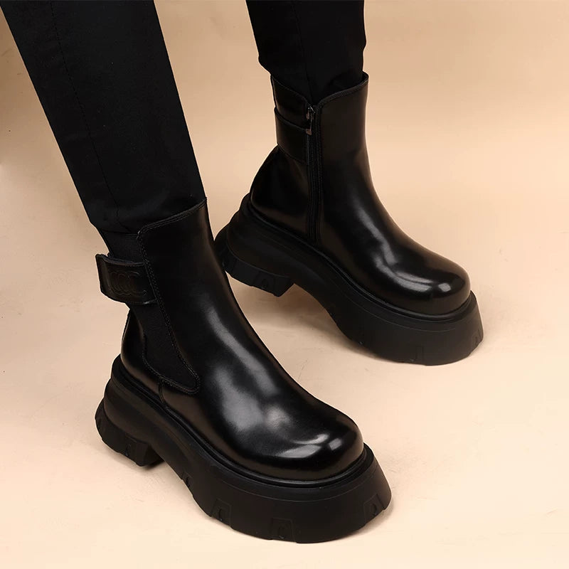 Men's Genuine Leather Martin Boots, Height Increasing, Thick Sole