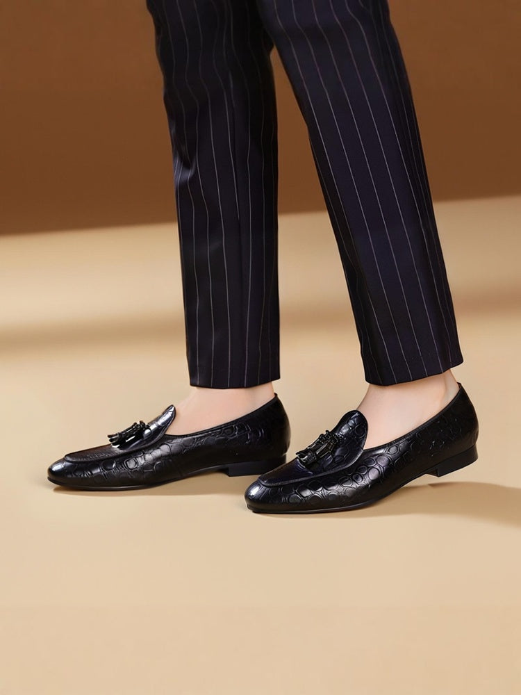 European and American style handmade custom black embossed cowhide trendy loafers party wedding banquet matching fringed formal shoes men