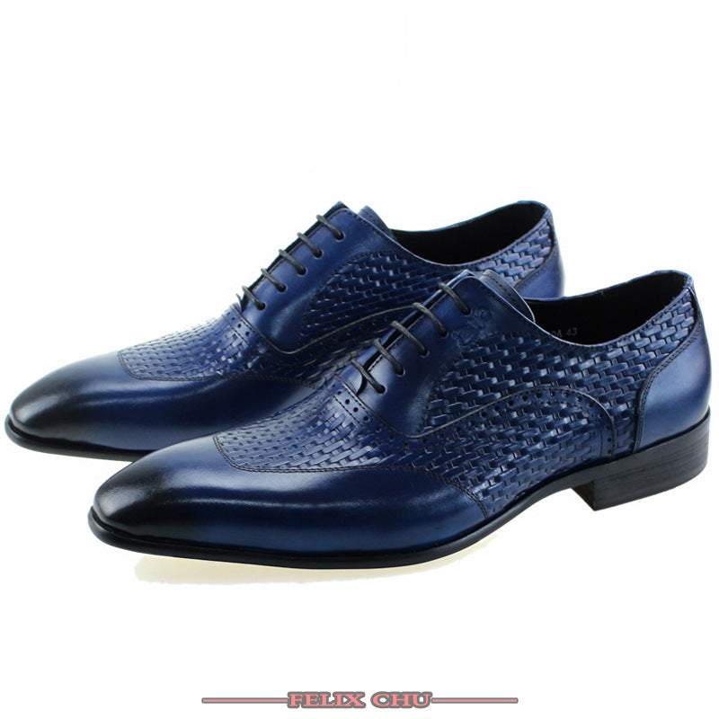 Men's Leather Shoes Leather Oxford Shoes Pointed-Toe Lace High-Grade Woven Leather Shoes Men's Black