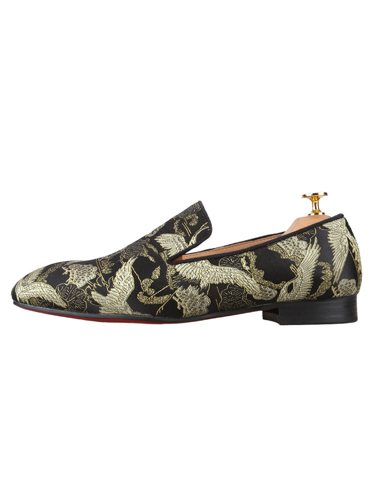 New Chinese Style Crane Jacquard Satin Men's Loafers Wedding Banquet Party Casual Slip-On Red Sole Smoking Shoes