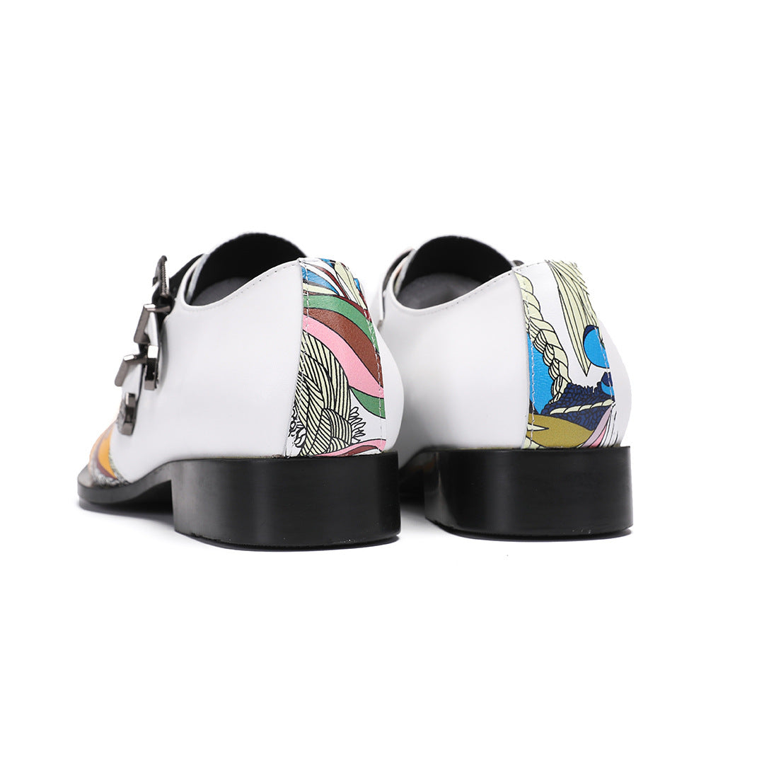 British leather shoes spring men's color matching white brown cowhide business casual single shoes Brock engraved retro formal men's shoes