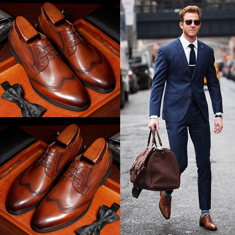Men's Brown Leather Shoes, Height Increasing, Pointed Toe