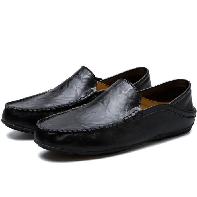 Summer leather bean shoes men's breathable leather shoes men's casual shoes men's lazy driving shoes soft sole shoes plus size men's shoes(P)