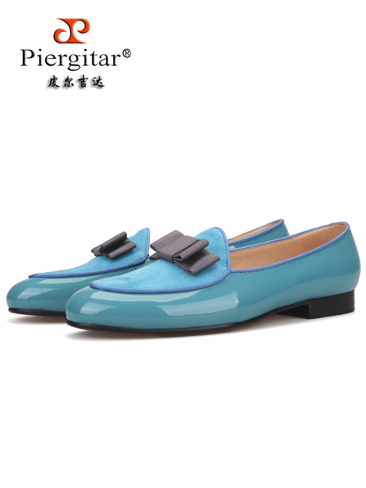 Sky blue patent leather and nubuck leather men's loafers European and American style catwalk party style bow design formal shoes