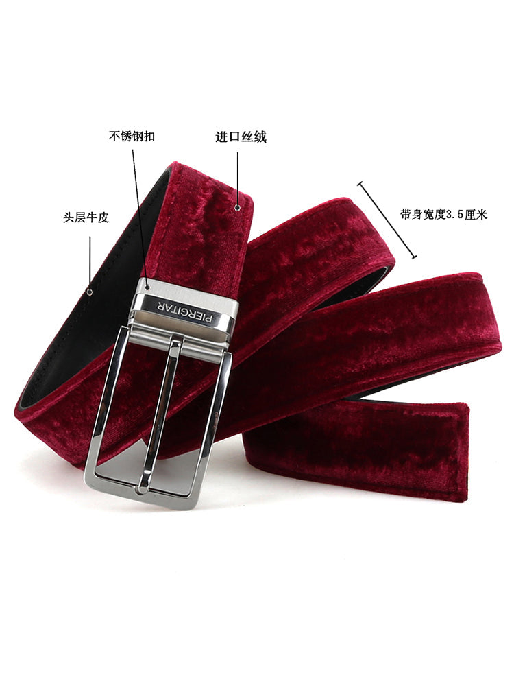 European and American style burgundy burgundy velvet glossy belt gold silver stainless steel pin buckle belt cowhide lining