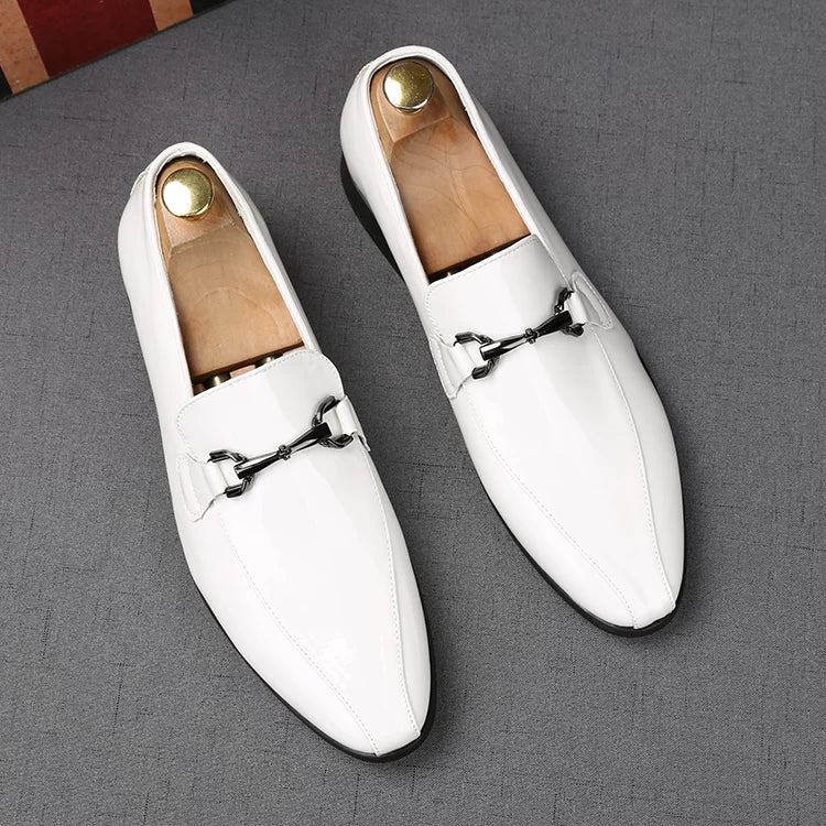Men's White Patent Leather Loafers, Height Increasing, Pointed Toe