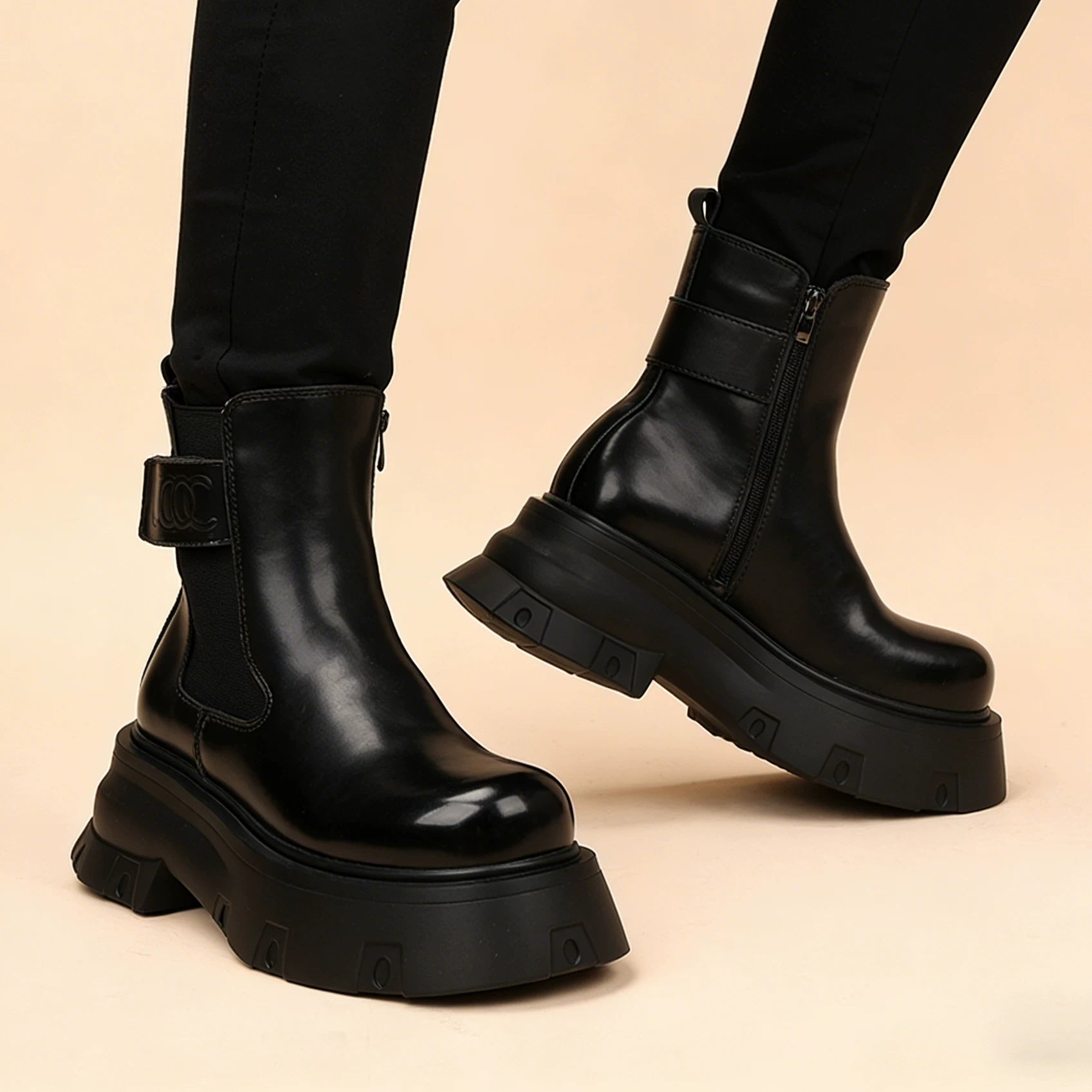 Men's Black Martin Boots, Height Increasing, Thick Sole