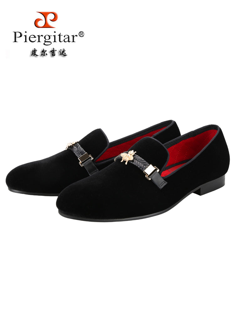 New men's European and American celebrity style imported velvet slip-ons, handmade bee buckle slip-ons, large size smoking shoes