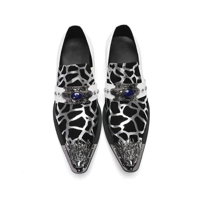White leather shoes for men, Korean style casual men's slip-on hairstylist wedding shoes, pointed toe slip-ons, heightening formal business shoes