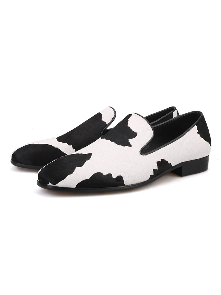 New black and white stitching horse hair handmade loafers trendy party slip-on banquet shoes slip-on smoking shoes