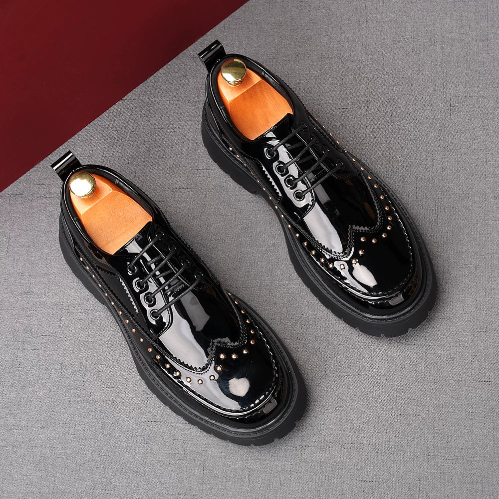 Men's Patent Leather Derby Shoes, Thick Sole, Round Toe