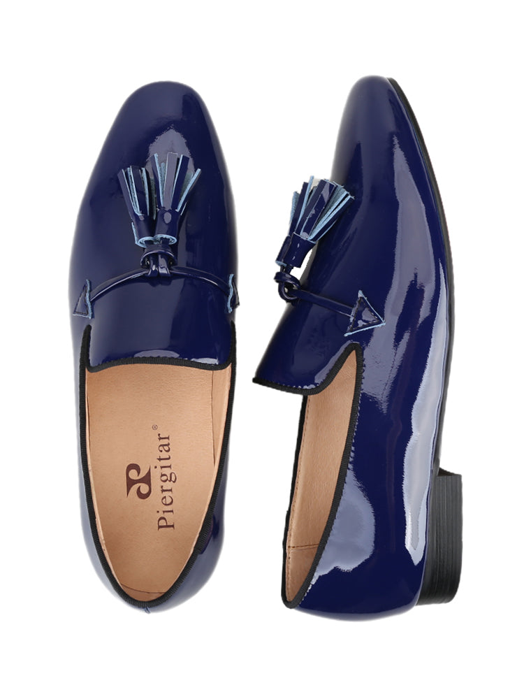 New imported blue and black patent leather men's classic tassel loafers European and American style handmade slip-on trendy men's shoes