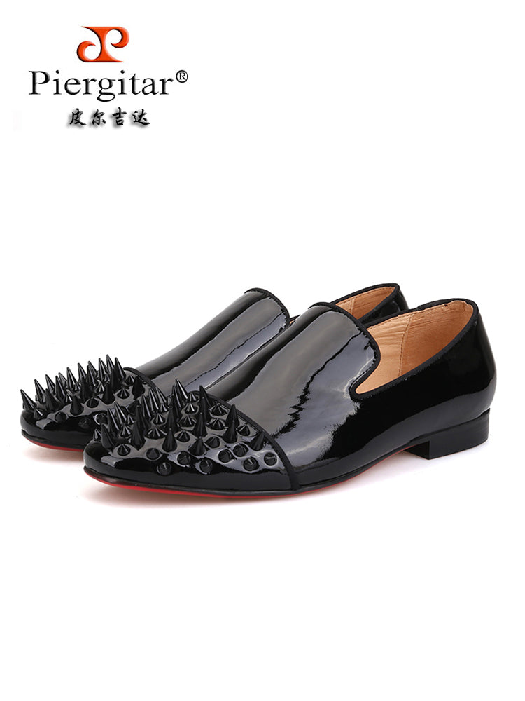 New black patent leather handmade long and short rivet head men's slip-on loafers European and American trendy nightclub style rivet shoes