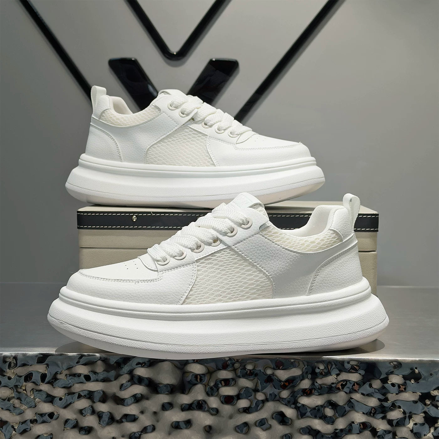 Men's Platform Breathable Mesh Low-Top Trendy White Sneakers