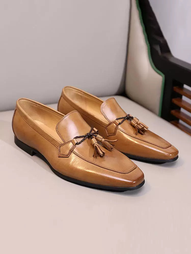 Men's Genuine Leather Loafers, Square Toe, Slip-On