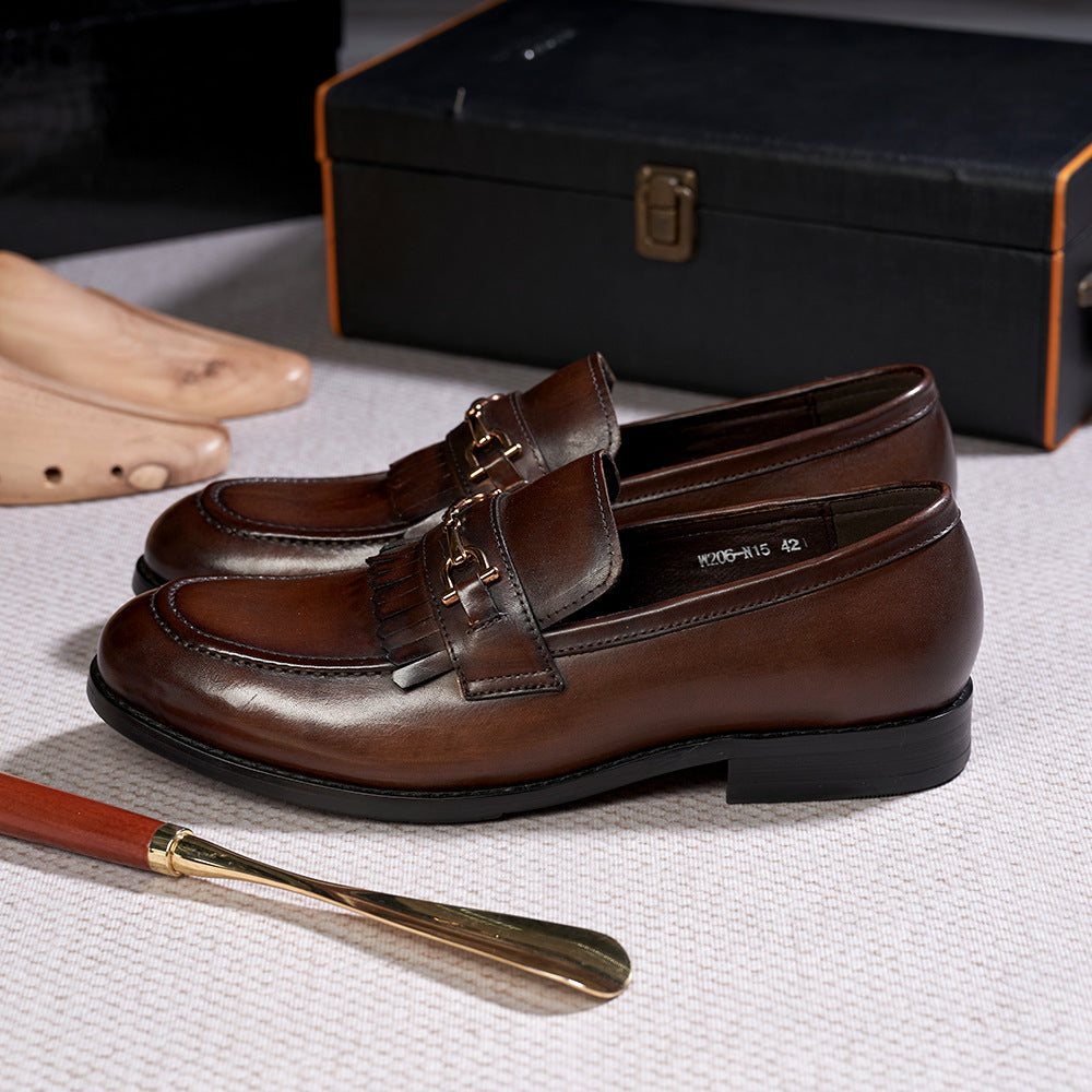 Classic Retro First Layer Cowhide Black Leather Shoes Men's Tassel Business Suit Summer Slip-on Men's Loafers