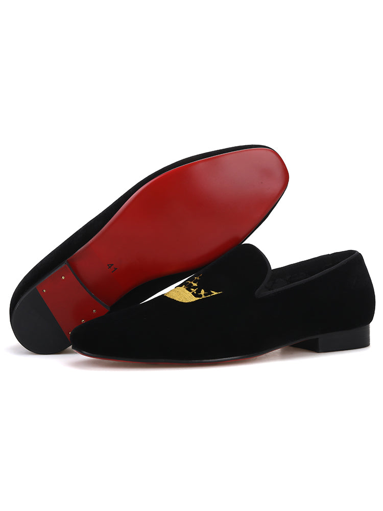 British style classic crown hand embroidered men's velvet loafers wedding party slip-on loafers smoking shoes