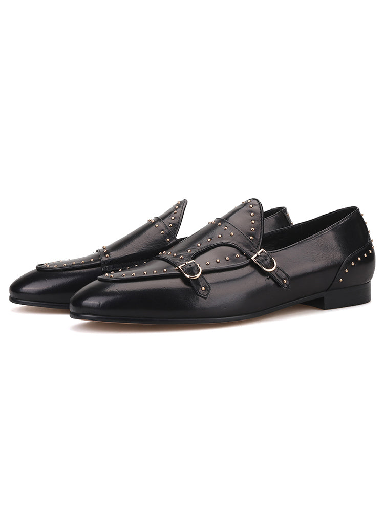 New imported cowhide men's wedding loafers with buckles, small metal rivets, European and American slip-on formal shoes