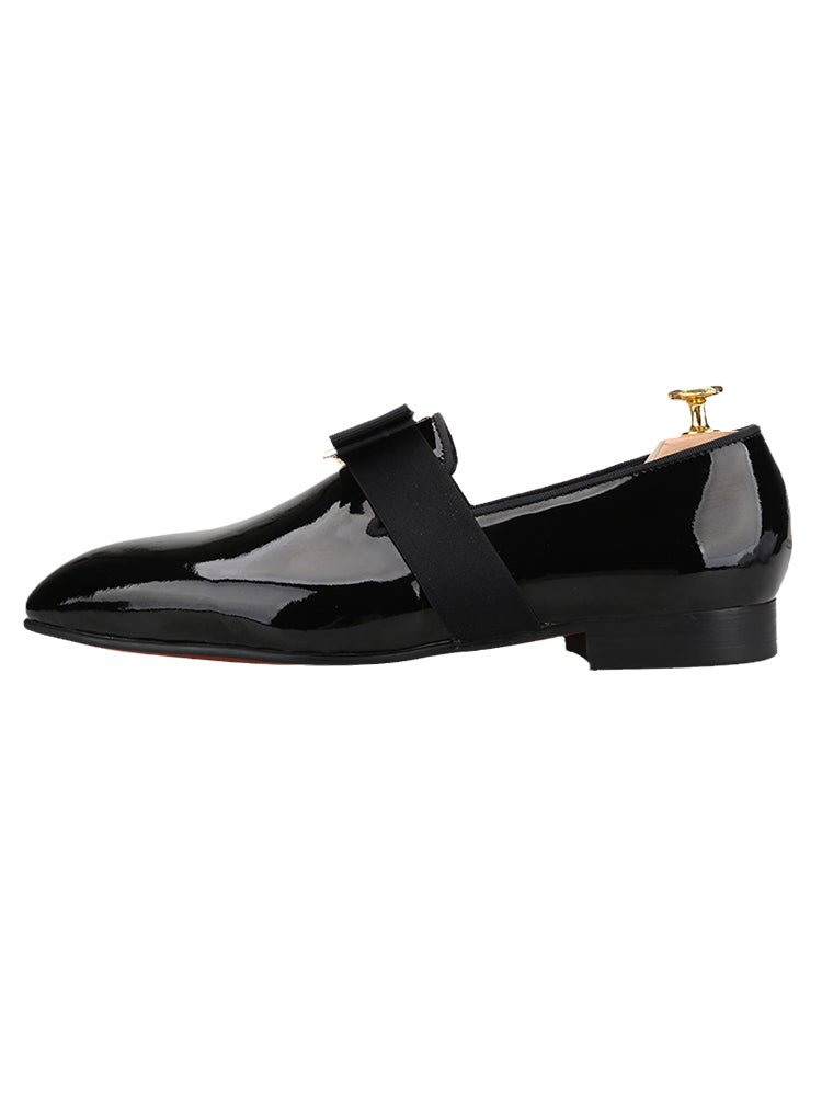 Spring and summer black patent leather square head loafers metal buckle with bow one pedal smoking shoes yuppie style