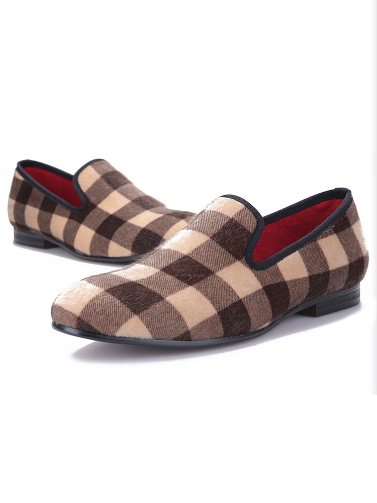 Piergitar's new apricot brown plaid horsehair men's handmade loafers British casual slip-on trendy shoes