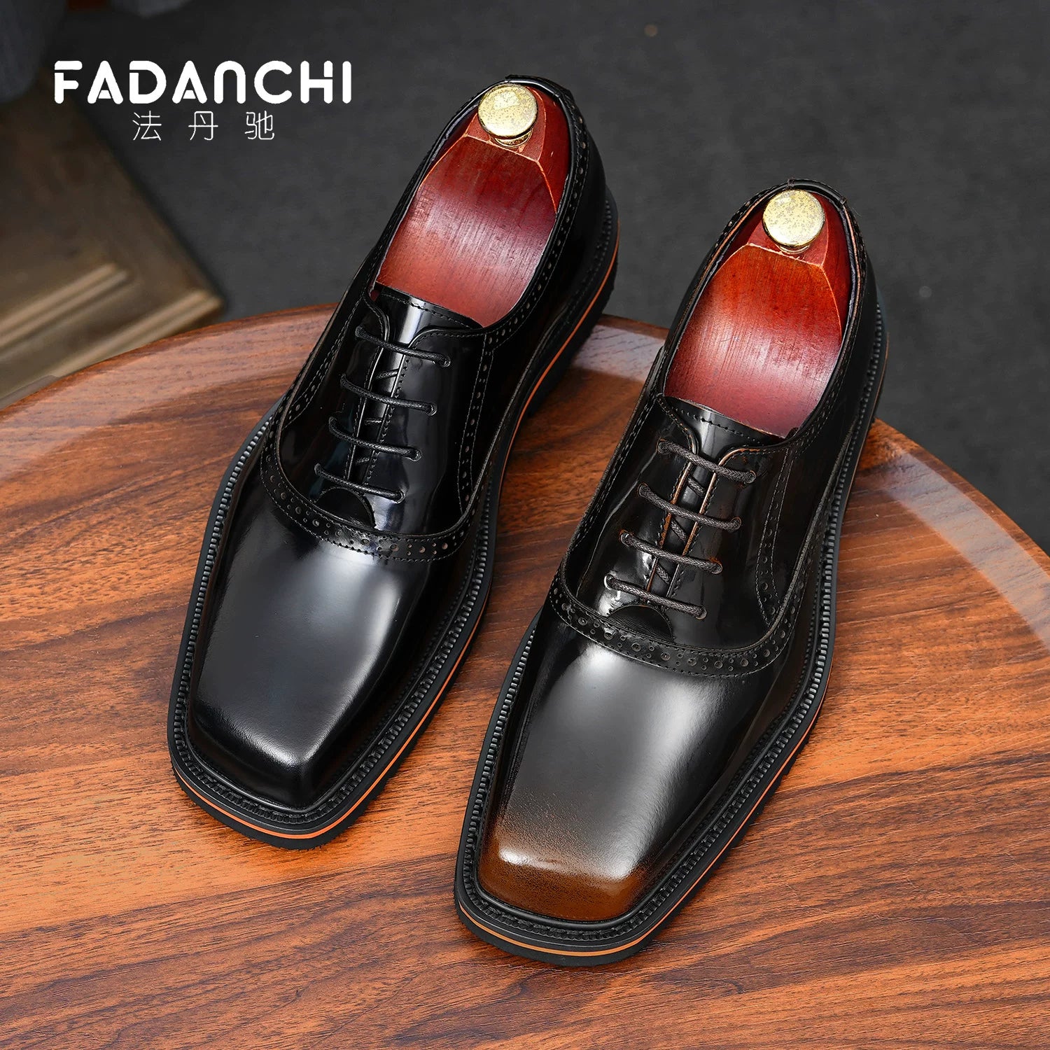 Men's Genuine Leather Oxford Shoes, Square Toe, Glossy