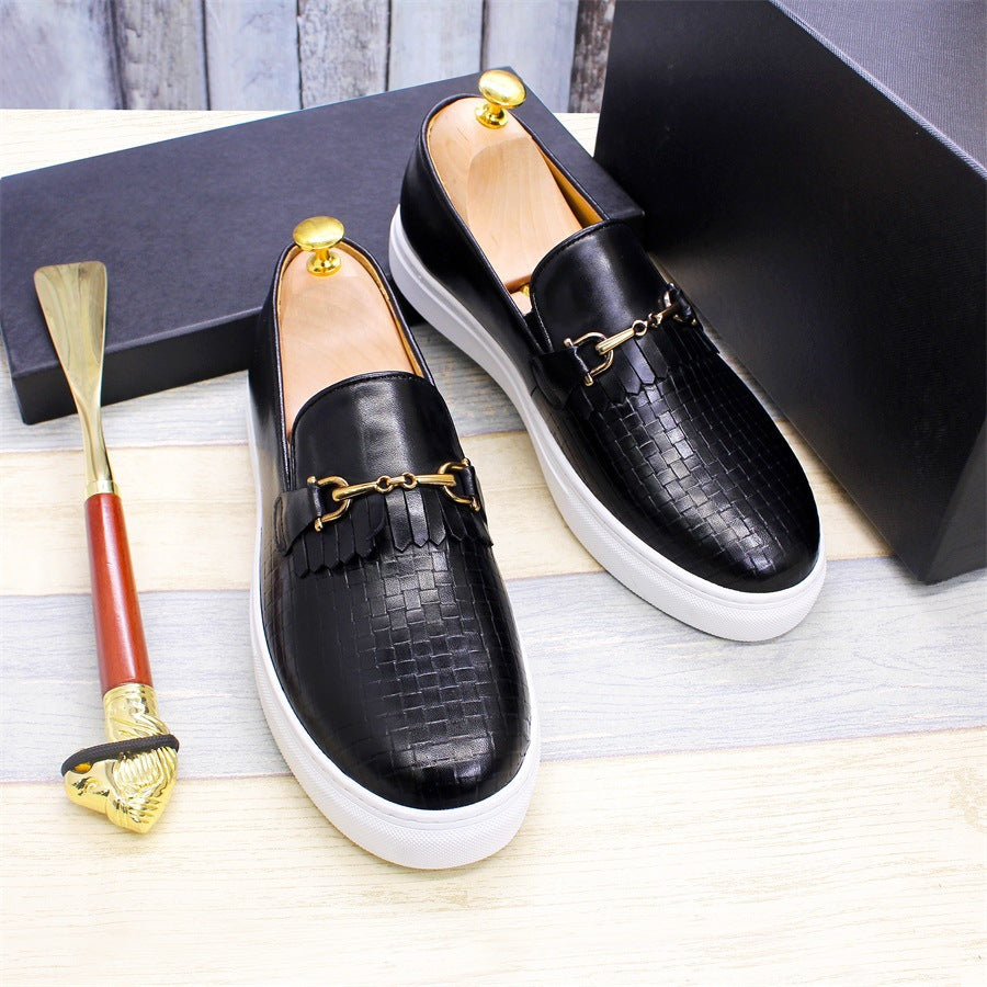 Leather Shoes Men's Leather Casual round Toe Pumps Flat Heel Woven Pattern Handmade Men's Shoes Fashion European and American Style Loafers Men