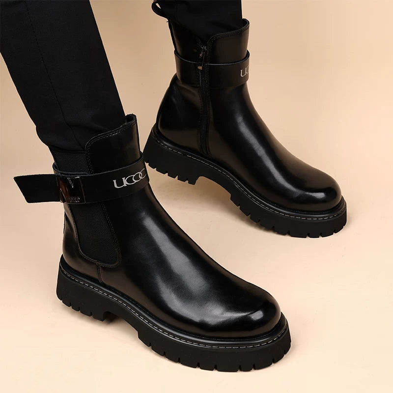 Men's Black Martin Boots, Height Increasing, Thick Sole