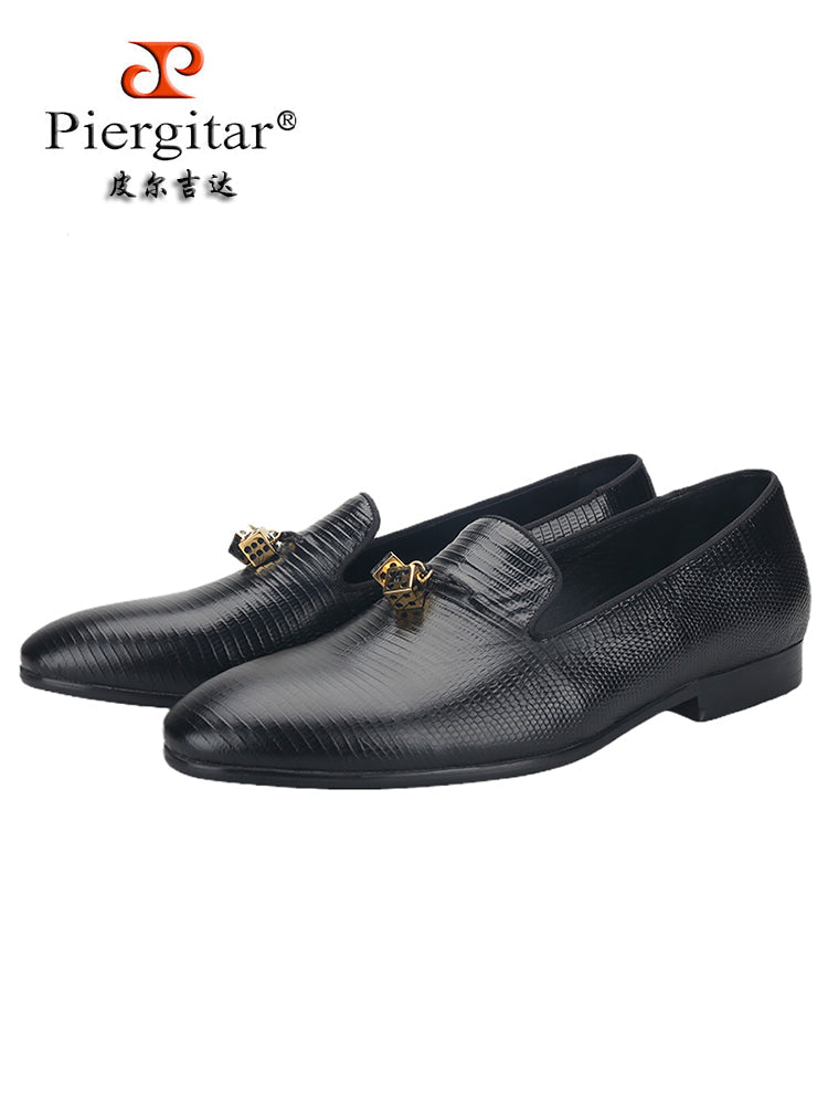 Italian design black lizard pattern embossed cowhide men's loafers gold titanium steel metal tassel yuppie shoes