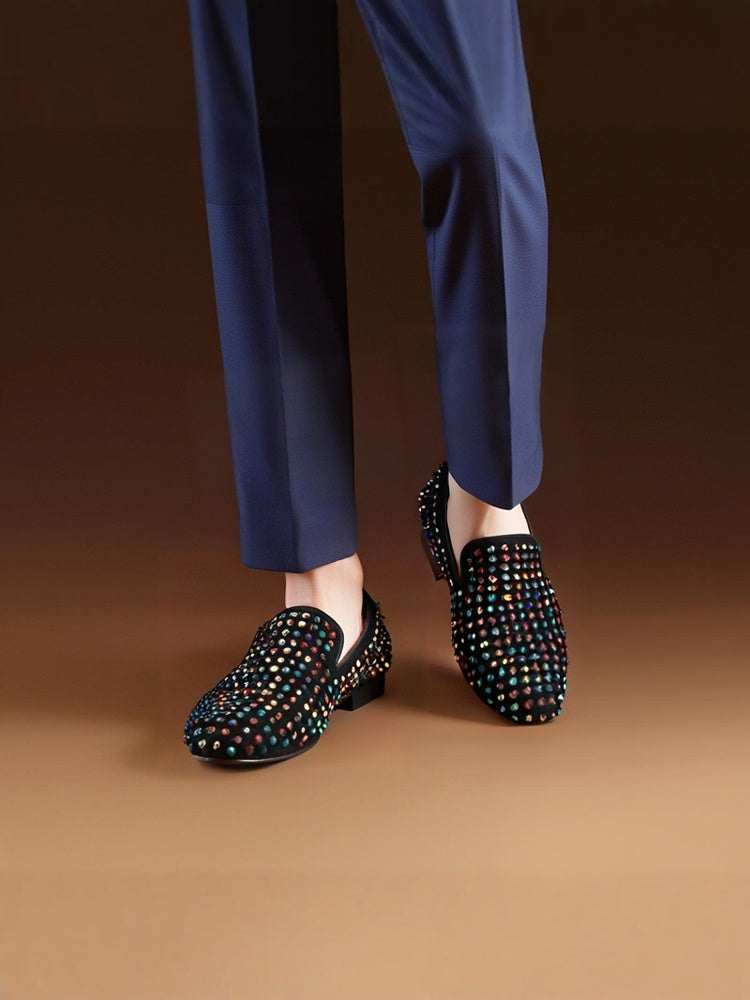 New imported black nubuck leather multi-color rivet handmade loafers European and American fashion party style slip-on trendy shoes for men