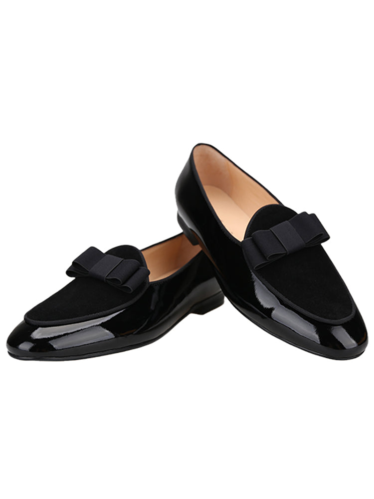 British yuppie style patent leather splicing suede handmade men's loafers wedding banquet formal bow slip-on smoking shoes