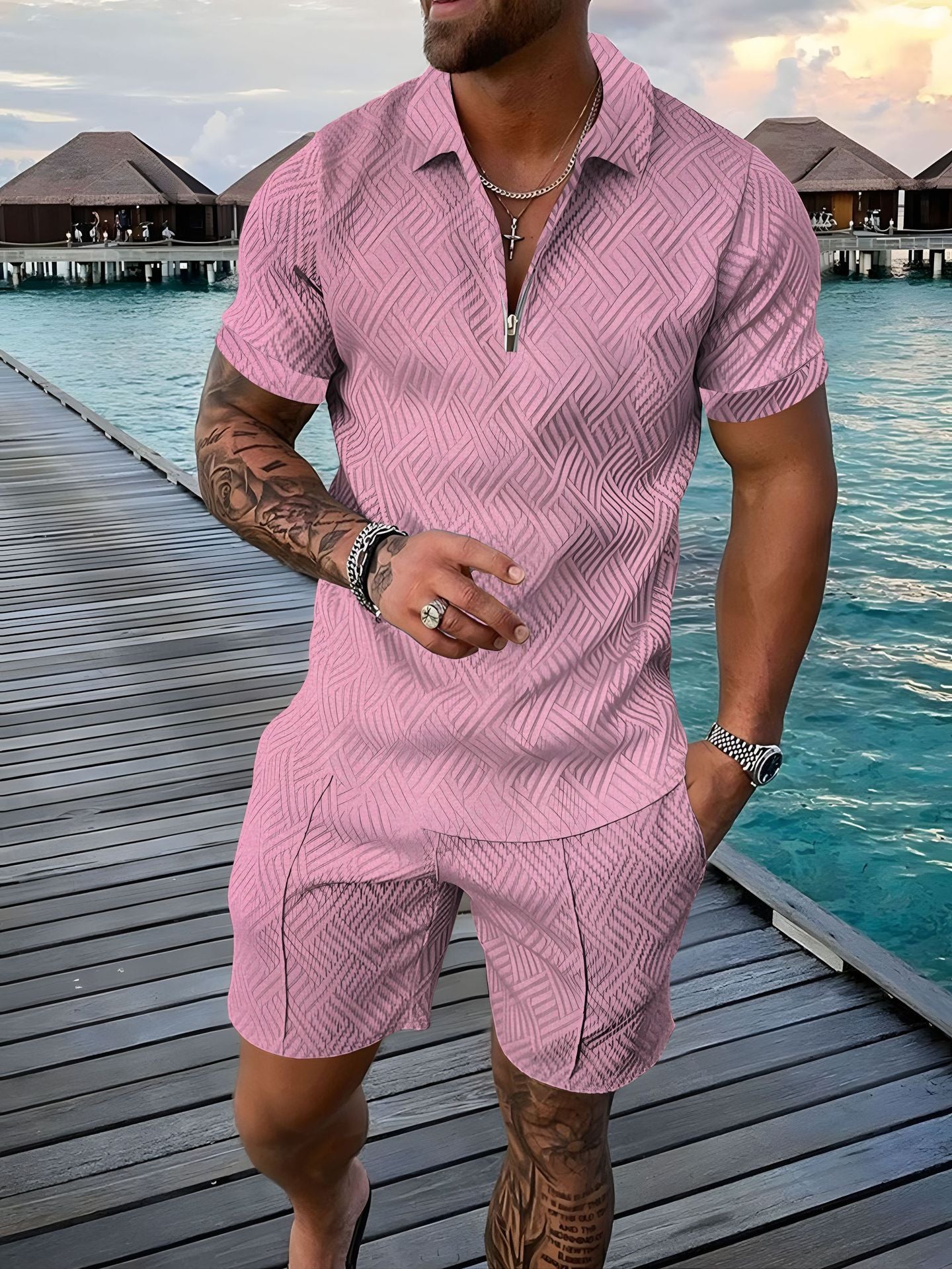 2024 European and American cross-border new men 3 solid color POLO shirt suit lapel short sleeve pullover casual men