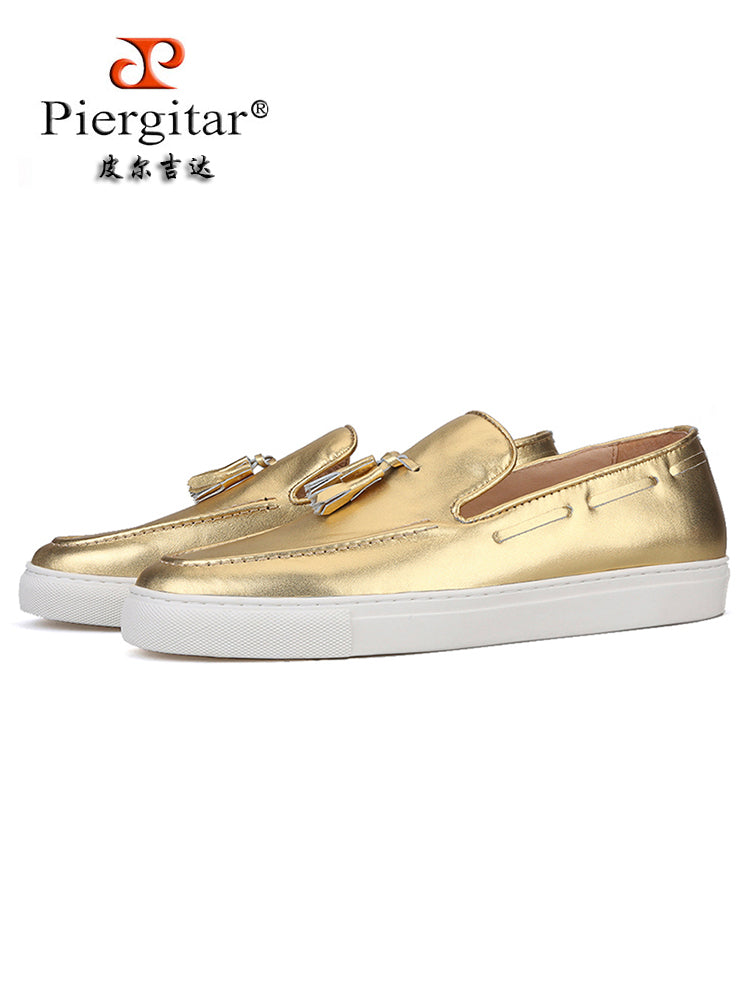 Exported to Europe and the United States, gold genuine cowhide men's sports and casual shoes, handmade tassel loafers, white thick-soled shoes