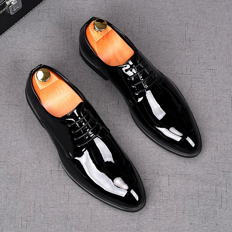 Men's Patent Leather Wedding Shoes, Height Increasing, Pointed Toe