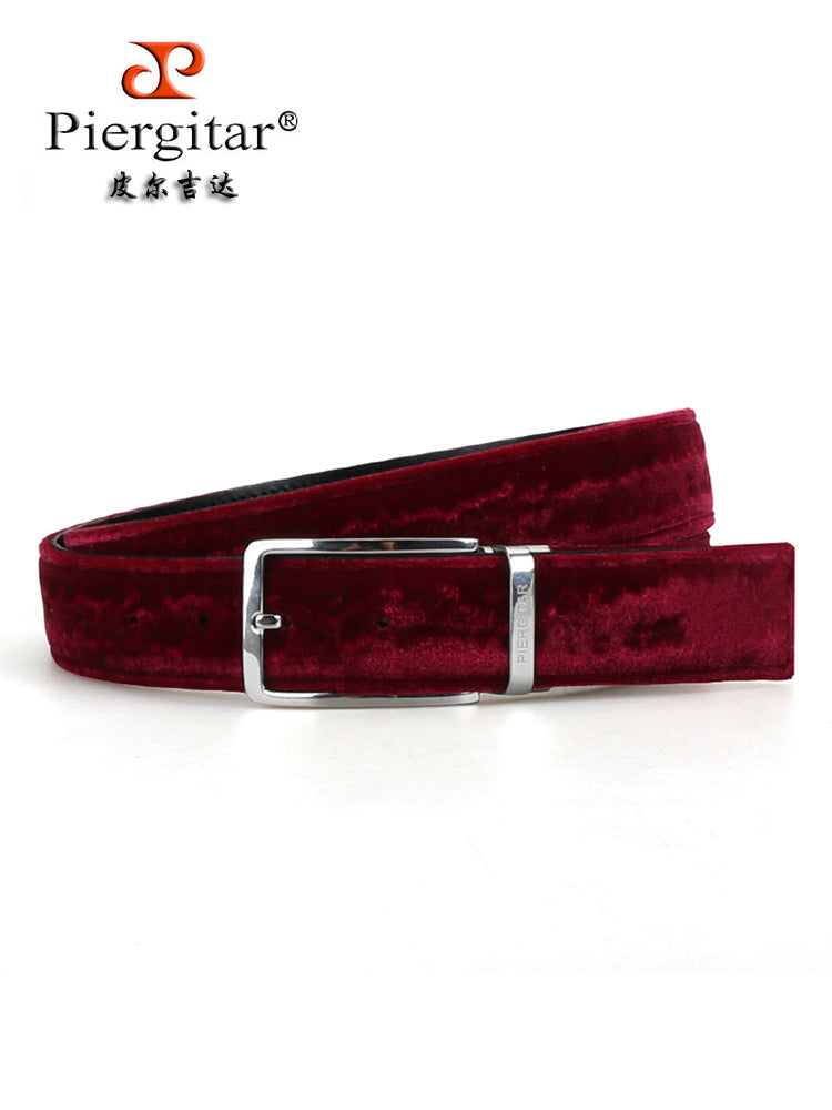 European and American style burgundy burgundy velvet glossy belt gold silver stainless steel pin buckle belt cowhide lining