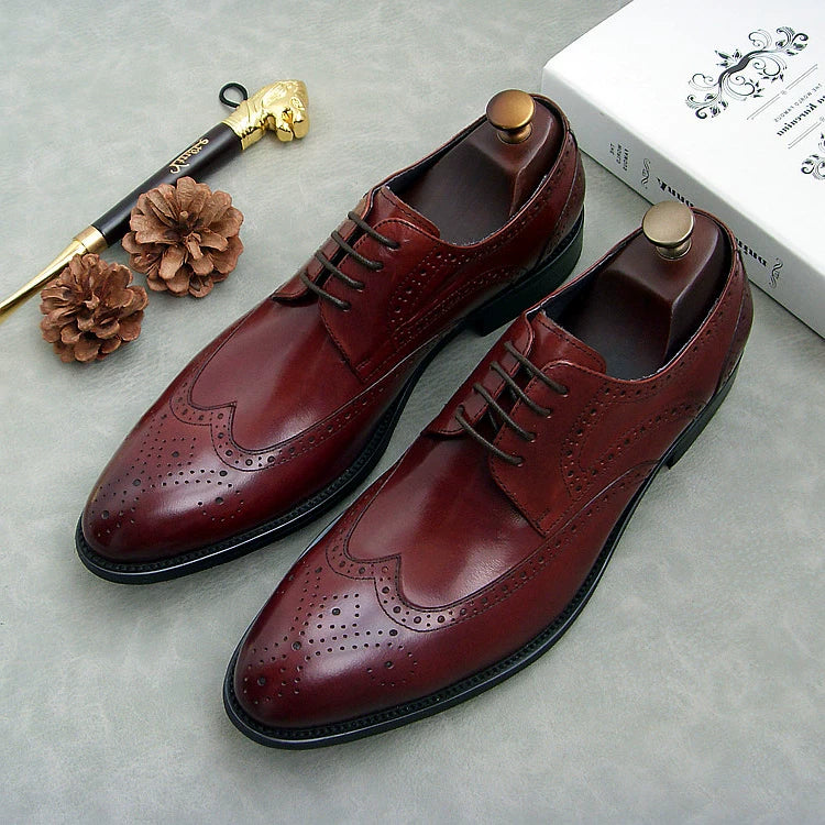 Men's Genuine Leather Wedding Shoes, Pointed Toe, Lace-Up