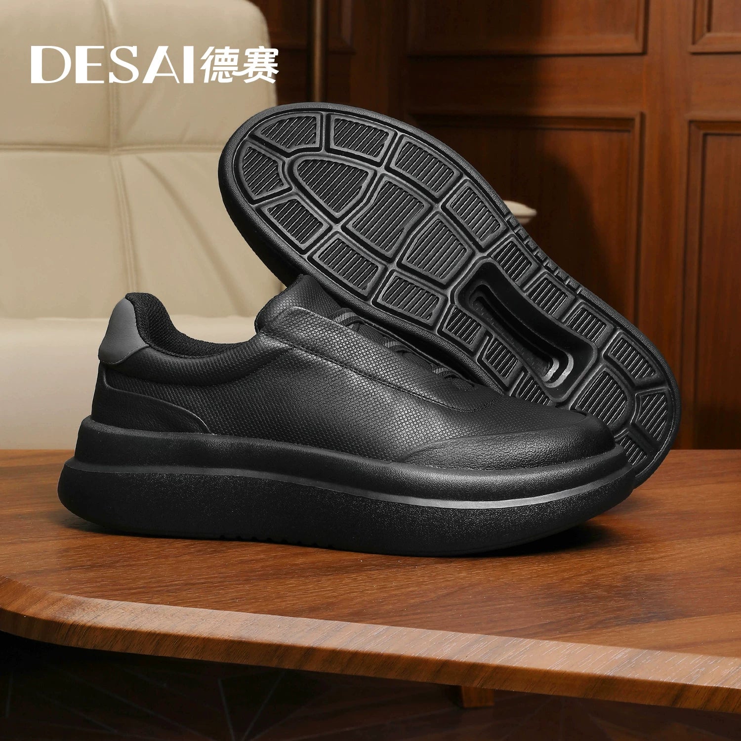 Men's Genuine Leather Shoes, Height Increasing, Thick Sole