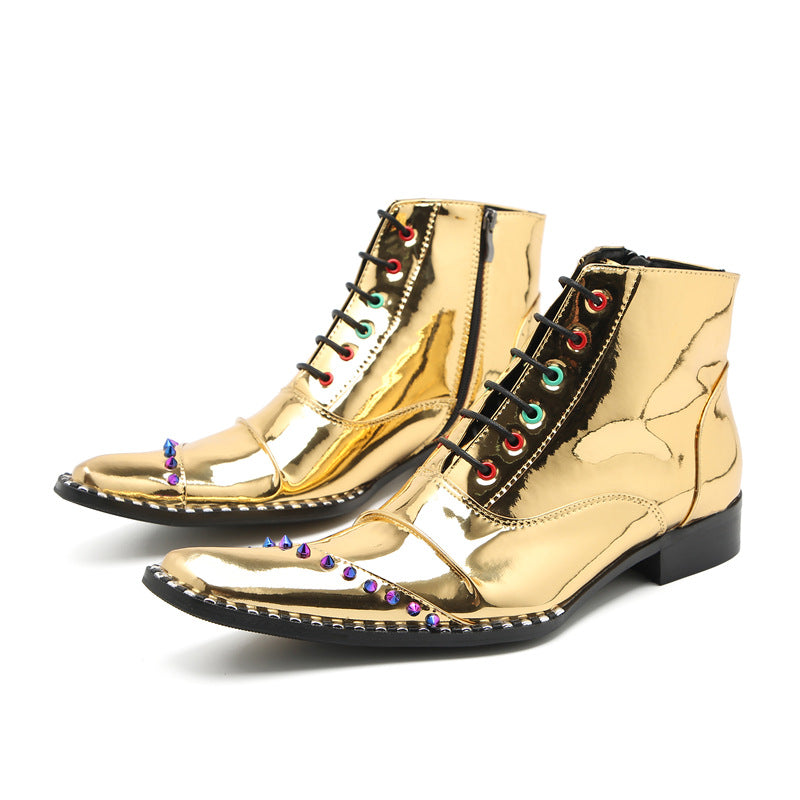 Men's Gold Leather Martin Boots – Lace-Up, Height Increasing
