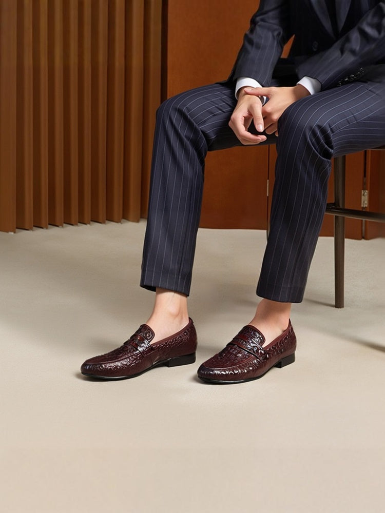 Piergitar spring and summer loafers men's marble embossed cowhide brown slip-on leather shoes British casual men's shoes