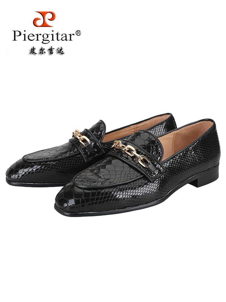 European and American style black crocodile pattern embossed first layer cowhide men's casual leather shoes metal buckle slip-on fashion shoes