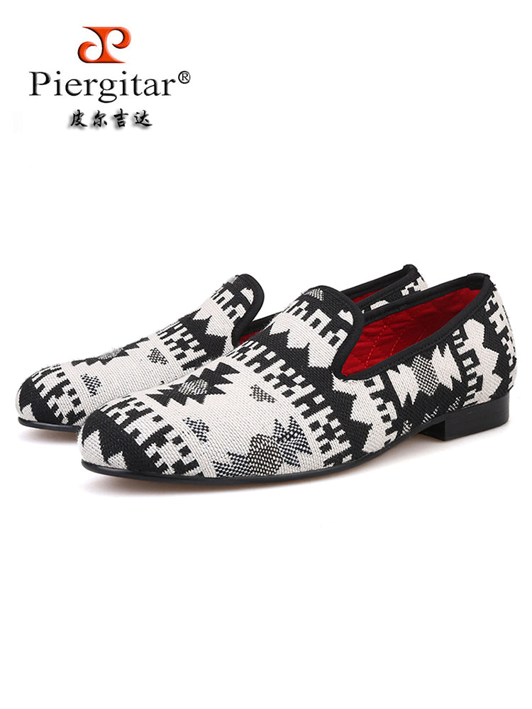 Black and white mixed knitted fabric men's shoes ethnic style retro old Beijing cloth shoes trendy handmade fashionable loafers