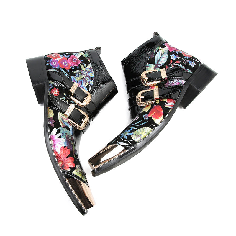 Printed new handmade shoes brand British thick-soled Chelsea boots men's trendy cowhide Martin boots square toe high-top short boots
