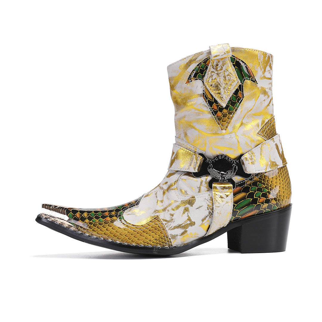 New Chelsea European and American high street catwalk personality Martin classic mid-tube cowboy trendy men buckle high-heeled cowhide boots