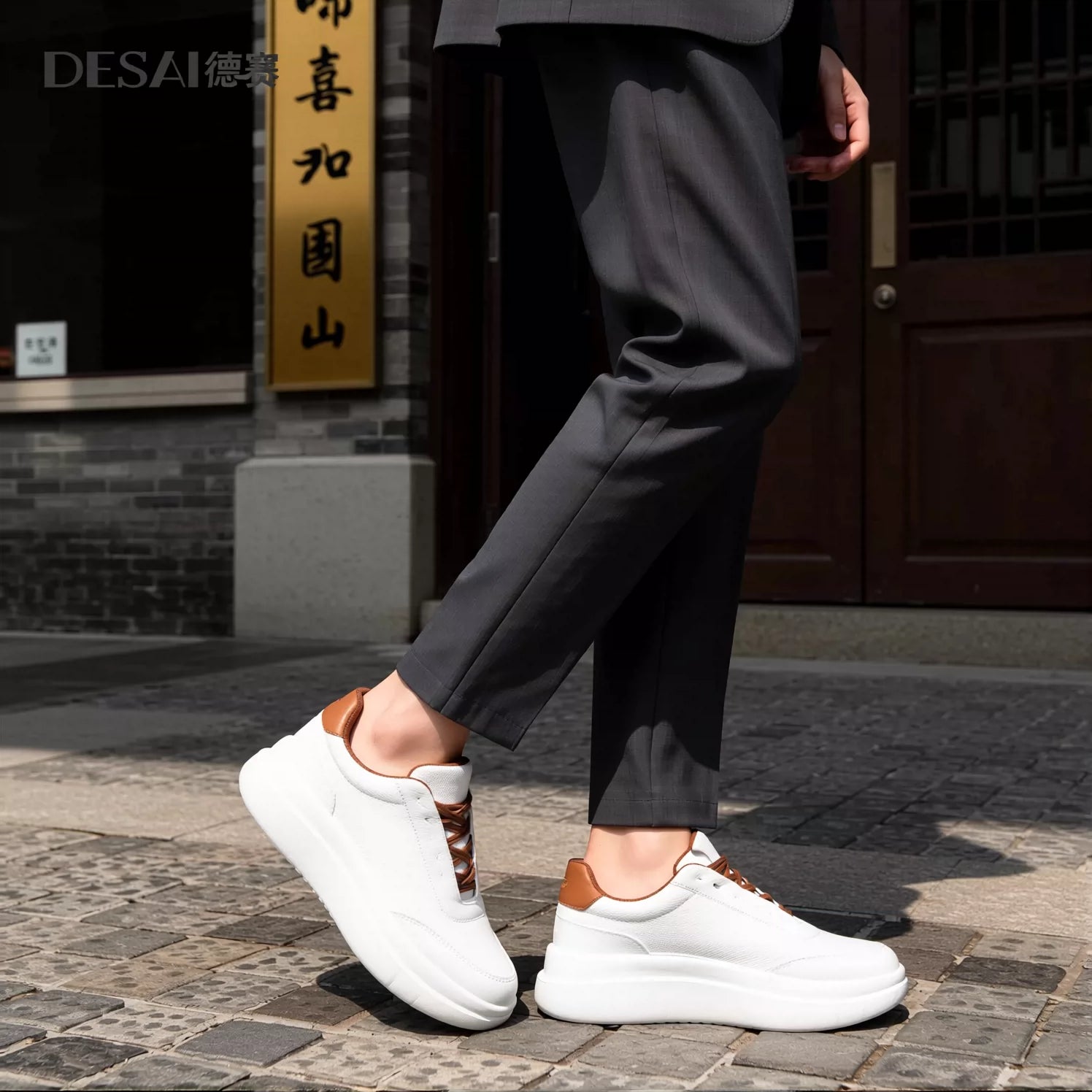Men's Genuine Leather Shoes, Height Increasing, Thick Sole