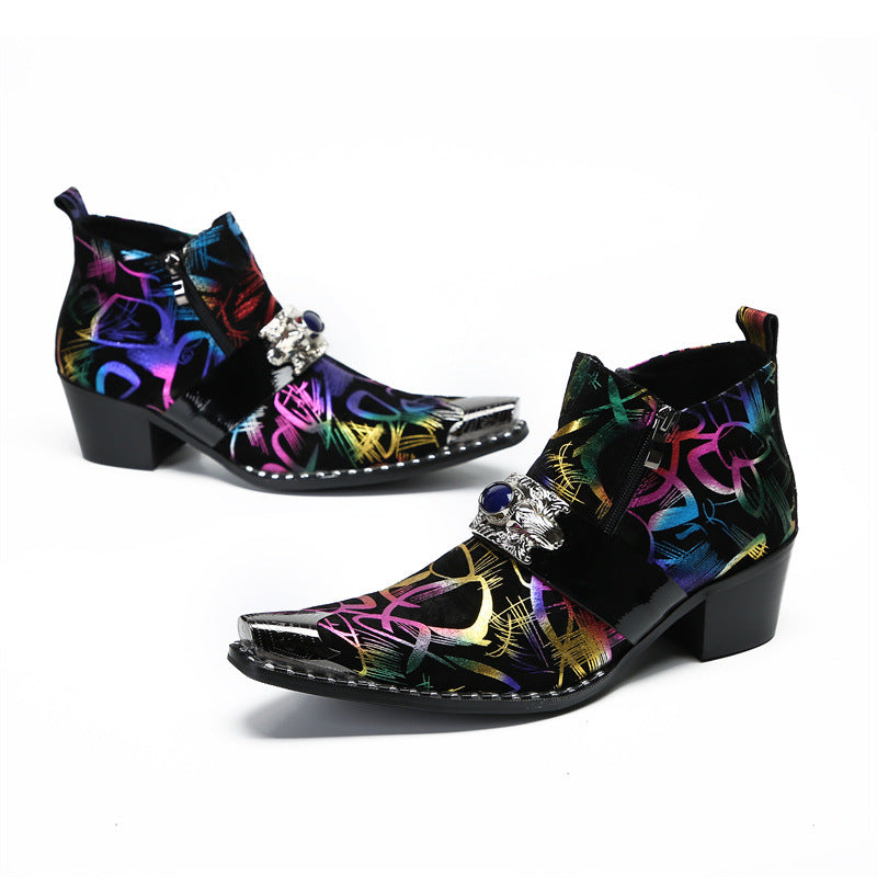 Senlu cowhide Chelsea boots British short boots brogue pointed toe handmade leather boots leather boots trendy foreign trade printing