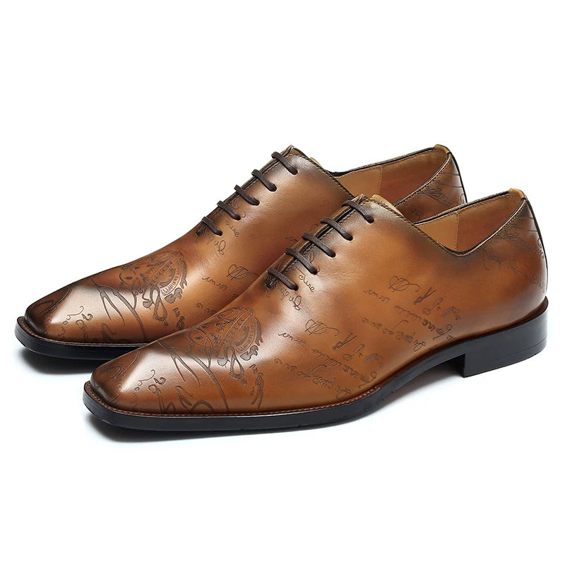 Men's Brown Genuine Leather Oxford Shoes, Square Toe, British Style